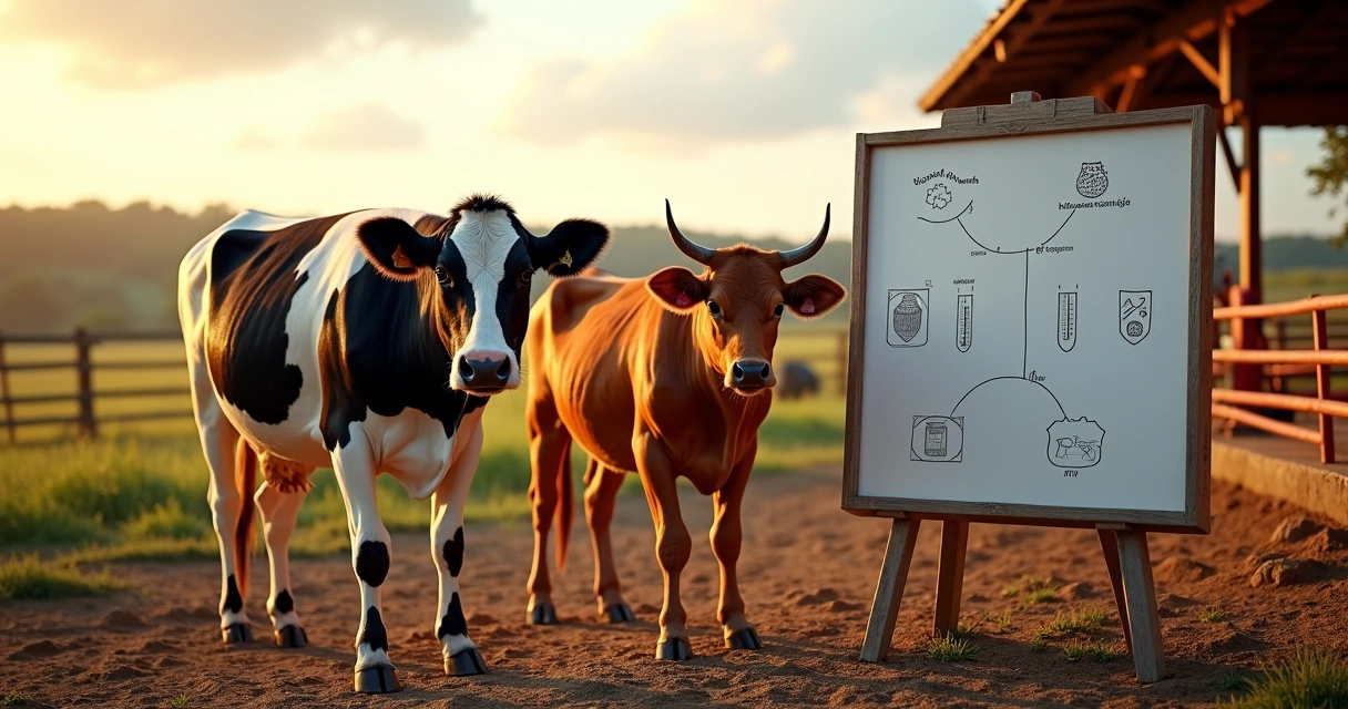 Vacas leiteiras de diferentes raças próximas a quadro com informações zootécnicas 