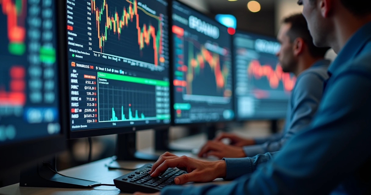 Charts with currency exchange fluctuations and commodities graphs on a digital screen