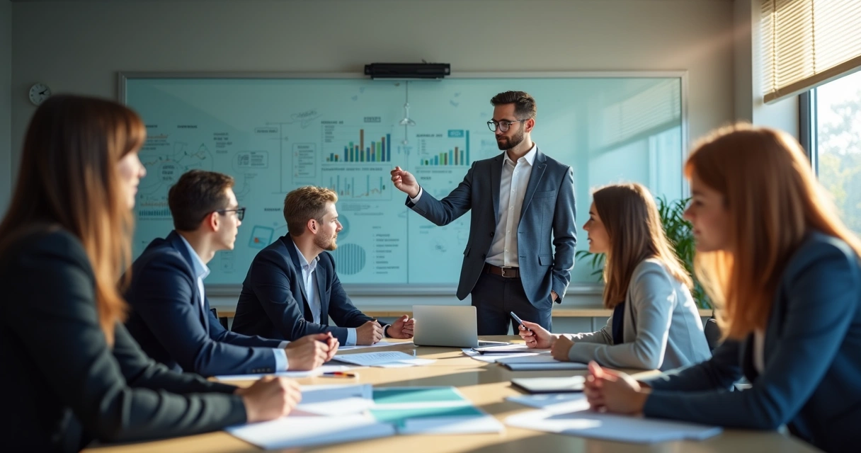 Professor e alunos discutindo currículo de contabilidade inovador 