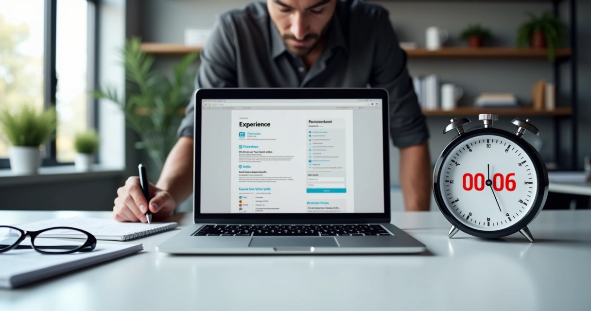 Recrutador analisando currículo de designer UX na tela do laptop com cronômetro marcando seis segundos ao lado 