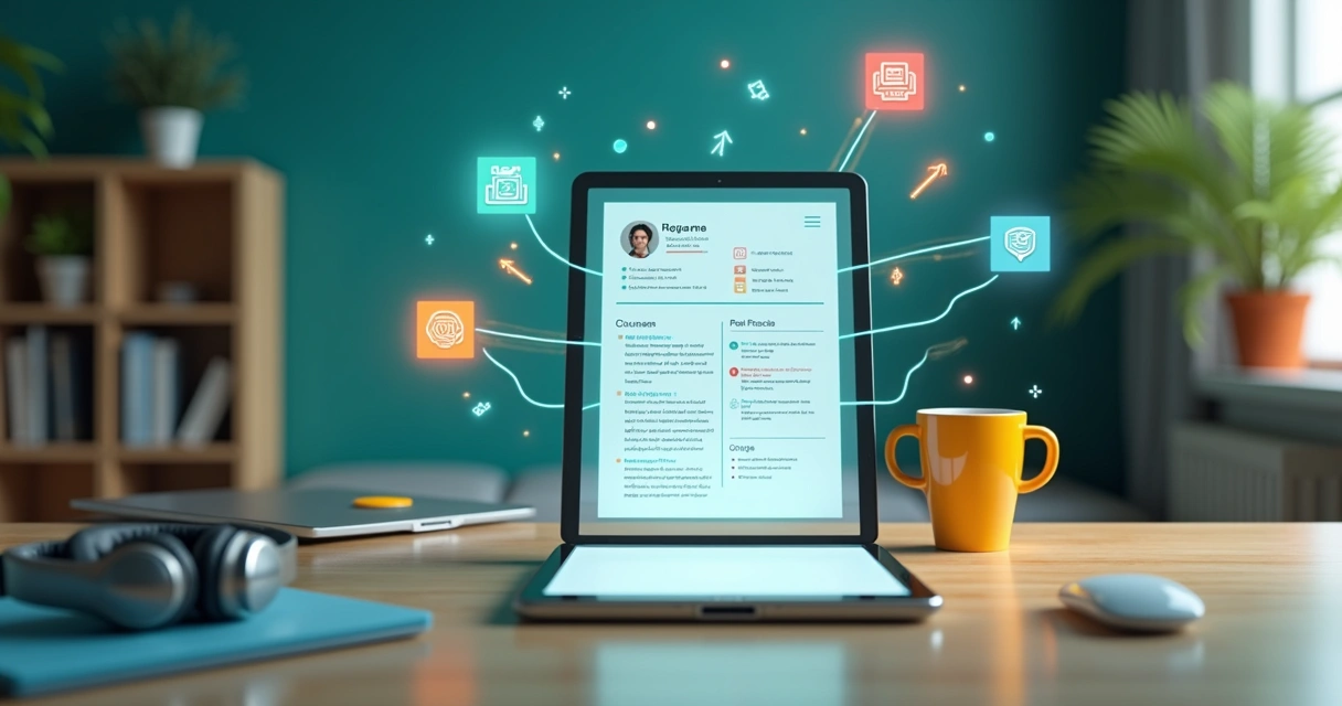 Currículo digital com certificados em volta em ambiente colorido 