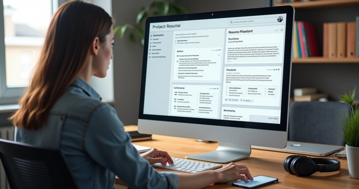Profissional ajustando currículo digital em tela dividida com painel de vagas online 