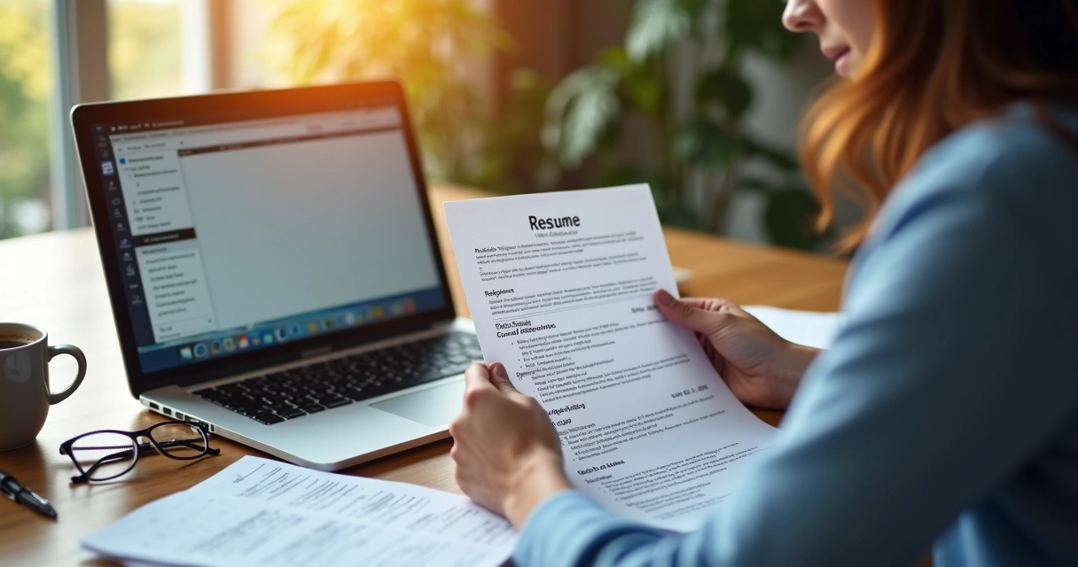 Pessoa analisando currículo com expressão focada e anotações ao redor 