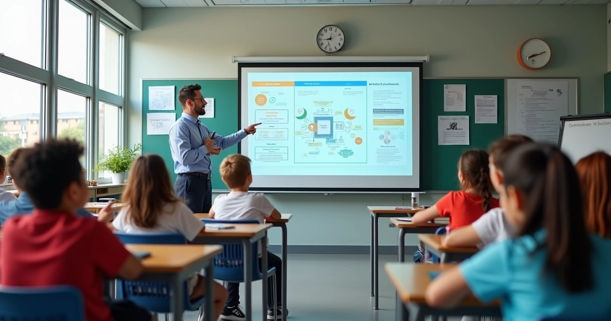 Sala de aula com professor explicando novo currículo para alunos atentos em ambiente moderno 