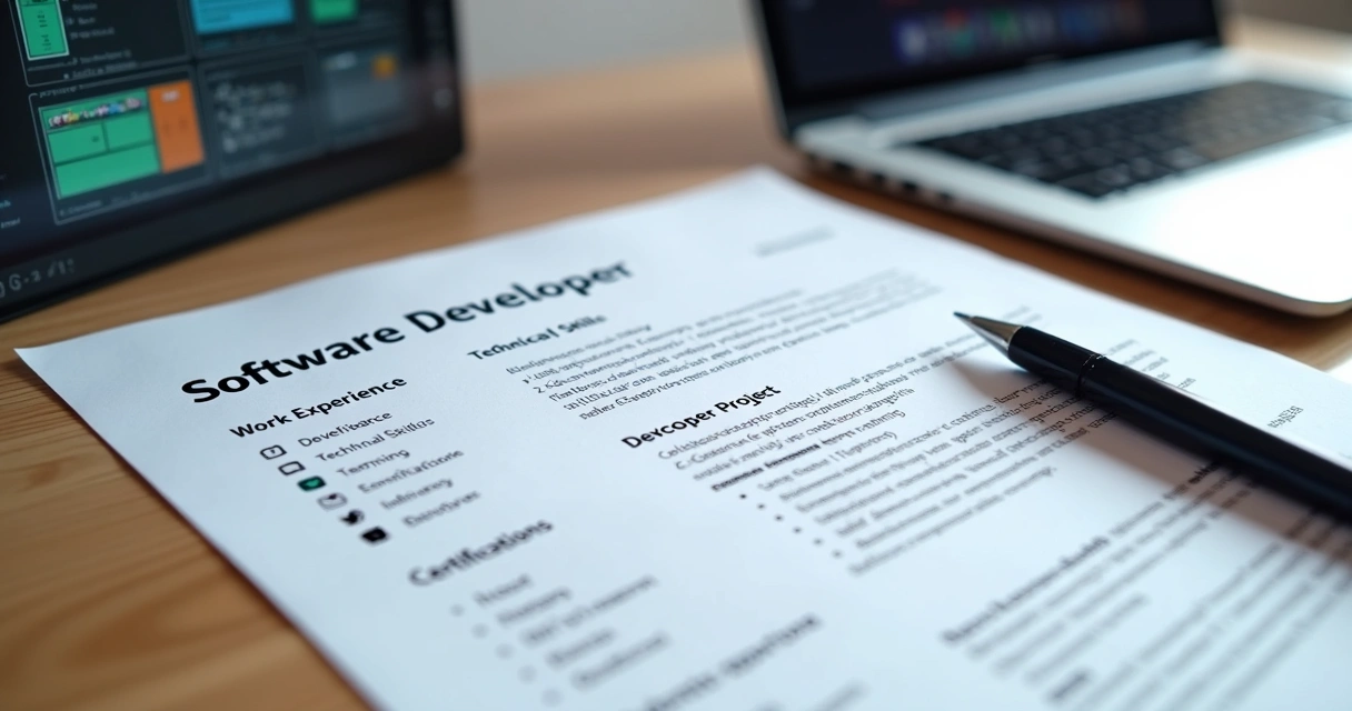 Currículo de desenvolvedor impresso em inglês com destaque para seções técnicas 