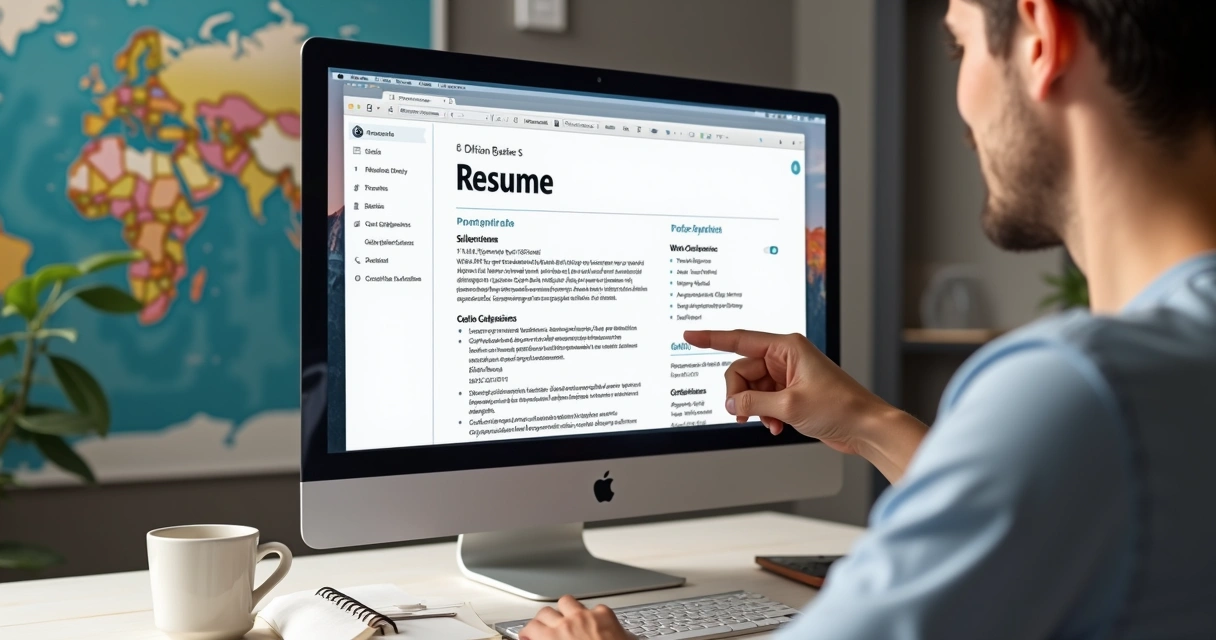Tela de computador com currículo em inglês sendo revisado 