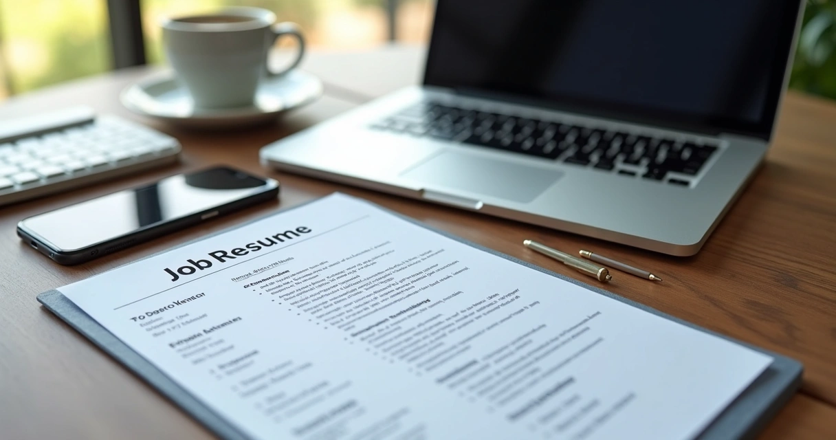 Currículo em inglês sobre mesa com laptop e café ao lado 