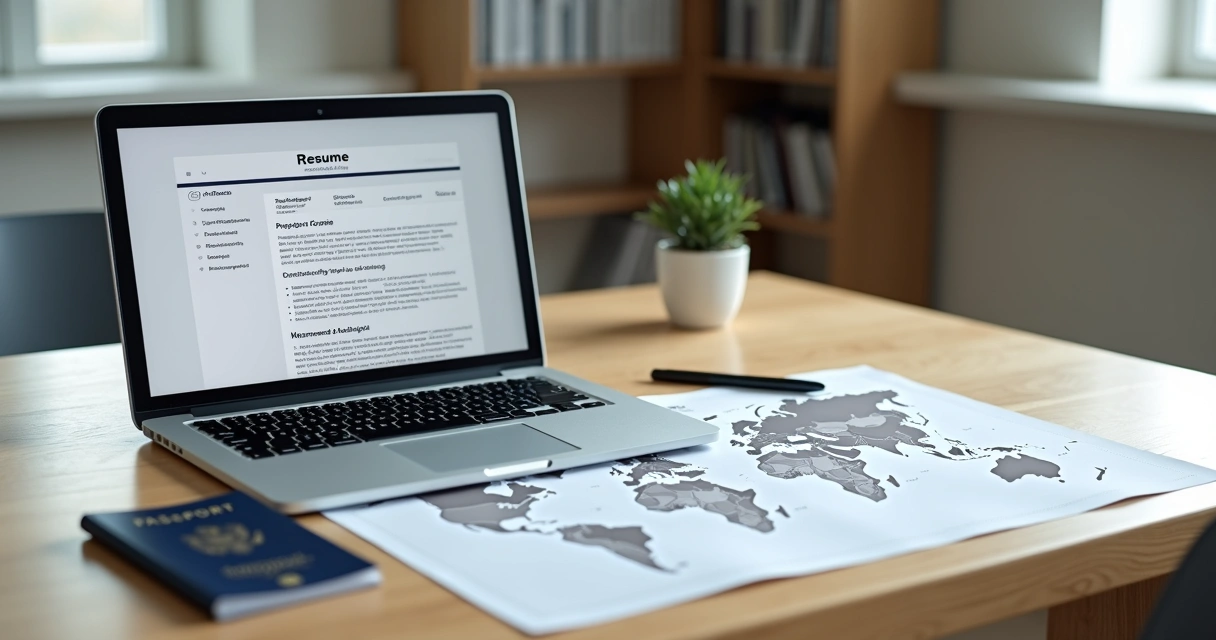 Mesa com notebook exibindo currículo em inglês ao lado de mapa mundi e passaporte 