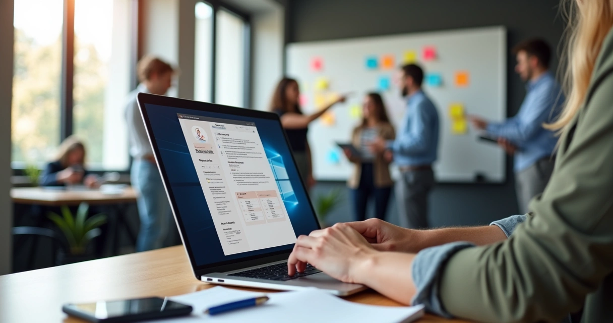 Profissional ajustando currículo no laptop enquanto equipe trabalha com post-its ágeis ao fundo 