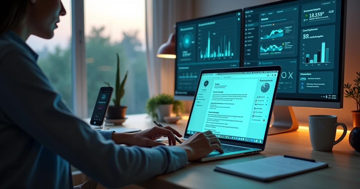 Profissional ajustando currículo online em notebook com painel de IA ao lado 