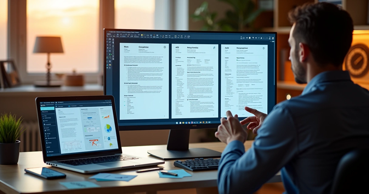 Profissional criando currículos personalizados para diferentes vagas em um painel digital 