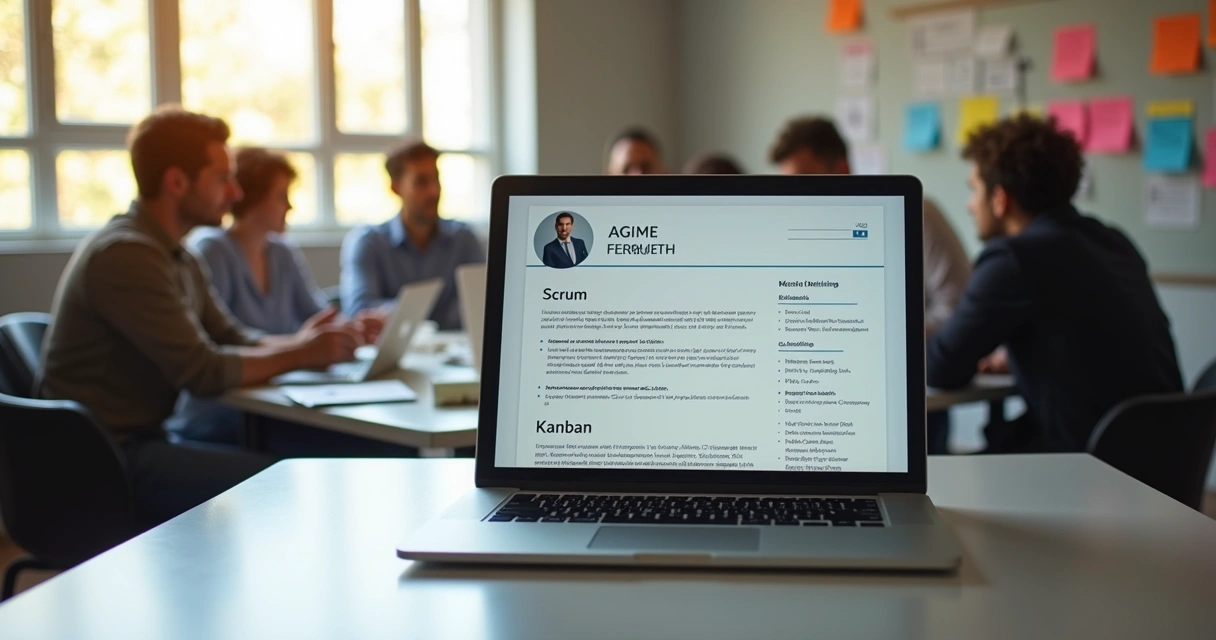 Currículo com destaques de Scrum e Kanban ao lado de uma equipe reunida 