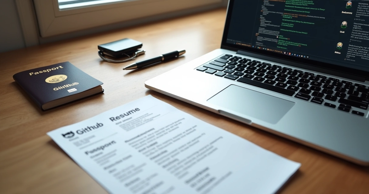 Currículo em inglês ao lado de laptop com tela aberta no GitHub