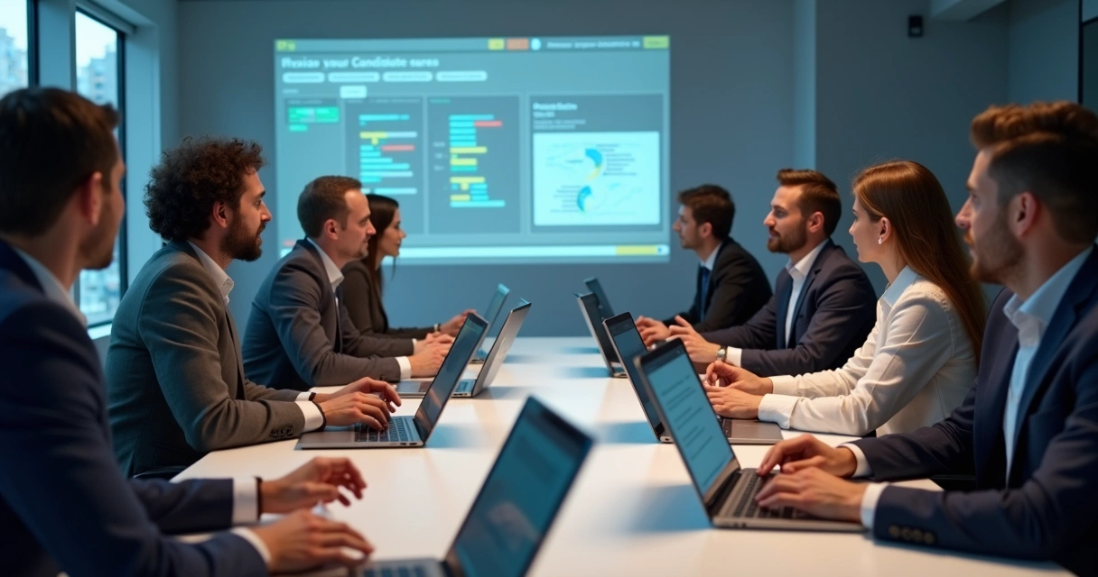 Profissionais reunidos analisando currículos em laptops 