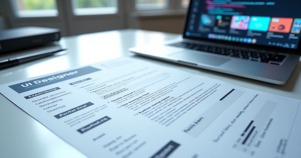 Currículo de UI Designer com destaque visual, sessões organizadas e elementos gráficos modernos