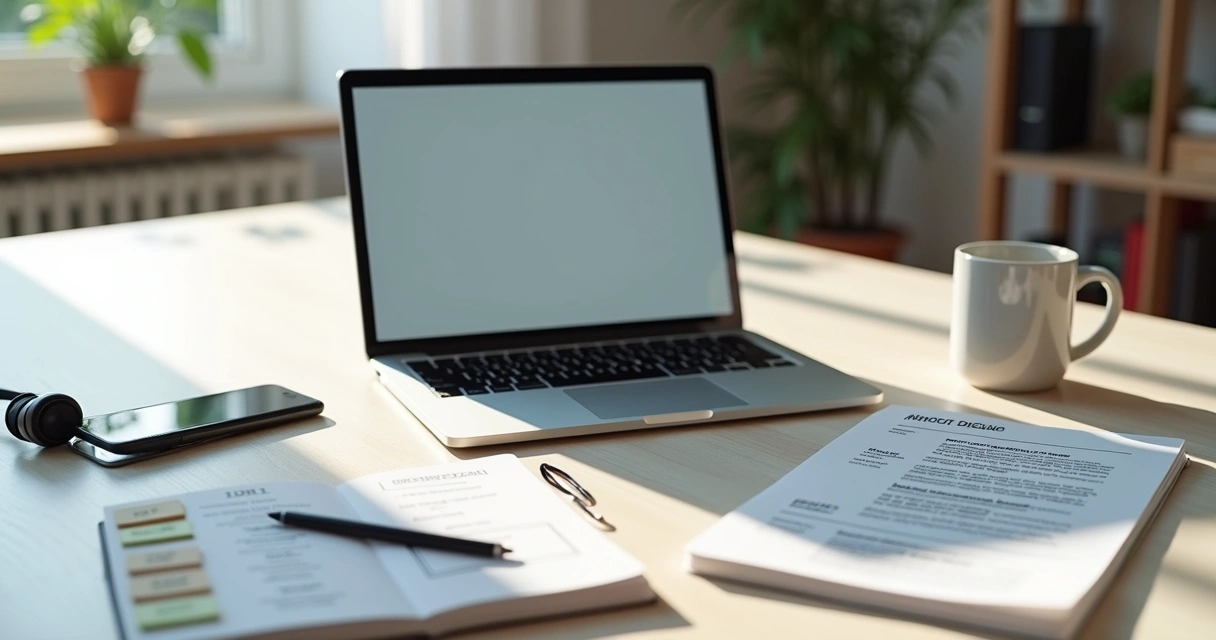 Profissional ajustando currículo de UX design no notebook sobre mesa de trabalho organizada 