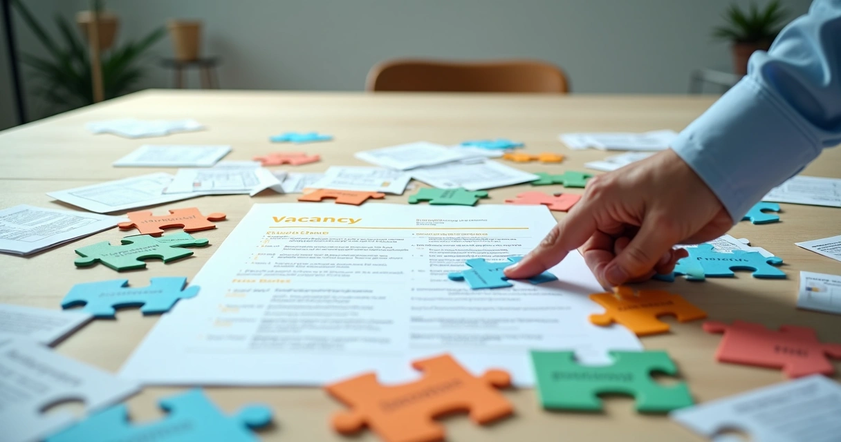 Monte de currículos coloridos em formato de peças de quebra-cabeça tentando se encaixar em vaga única 