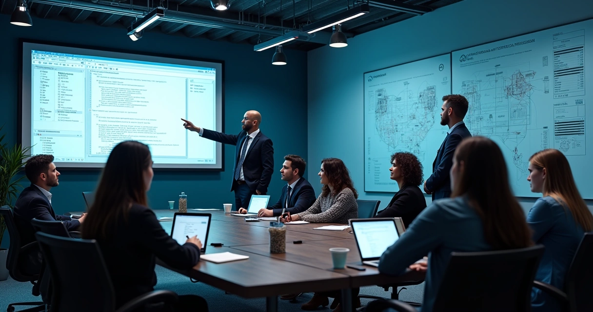 Equipe de TI estudando curso Bacula em uma sala de treinamento 