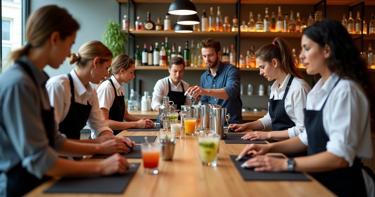 Grupo de alunos em curso prático de bartender treinando coquetelaria 