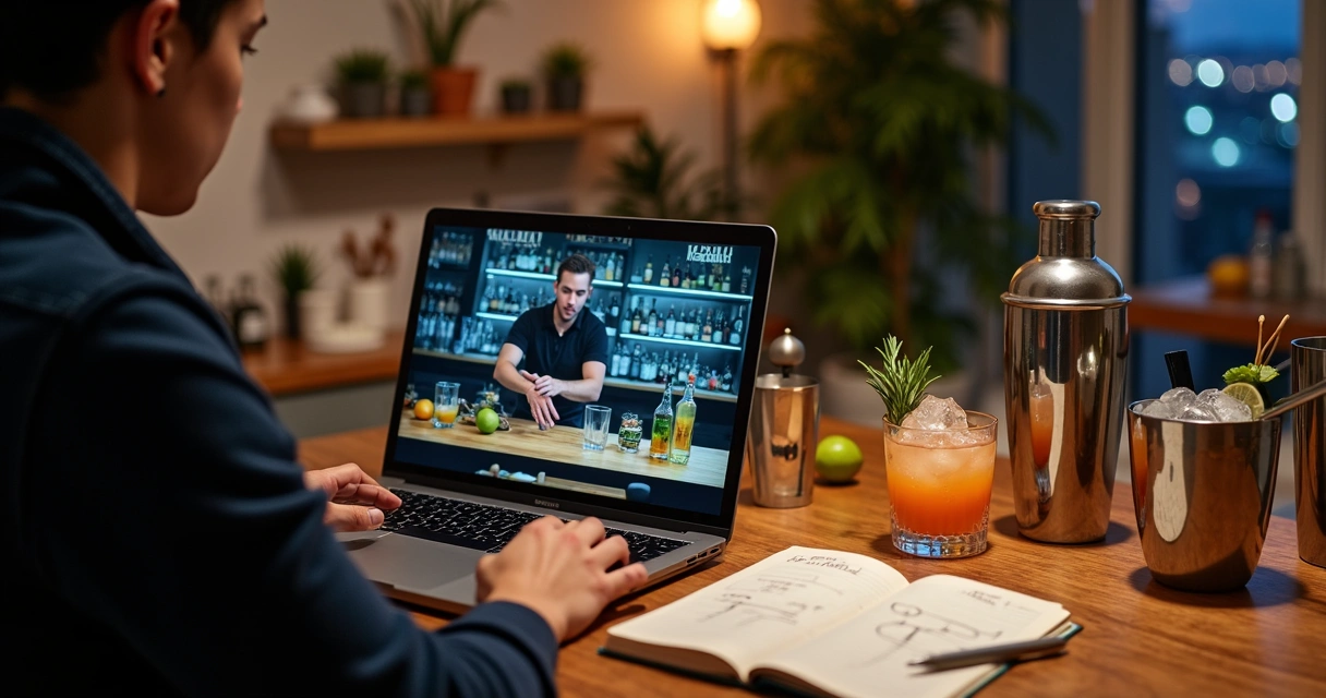 Pessoa estudando coquetelaria em casa com aula de bartender online no notebook 