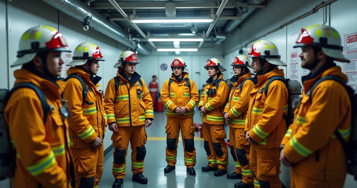 Instrutor de segurança do trabalho orienta grupo de alunos com equipamento de proteção