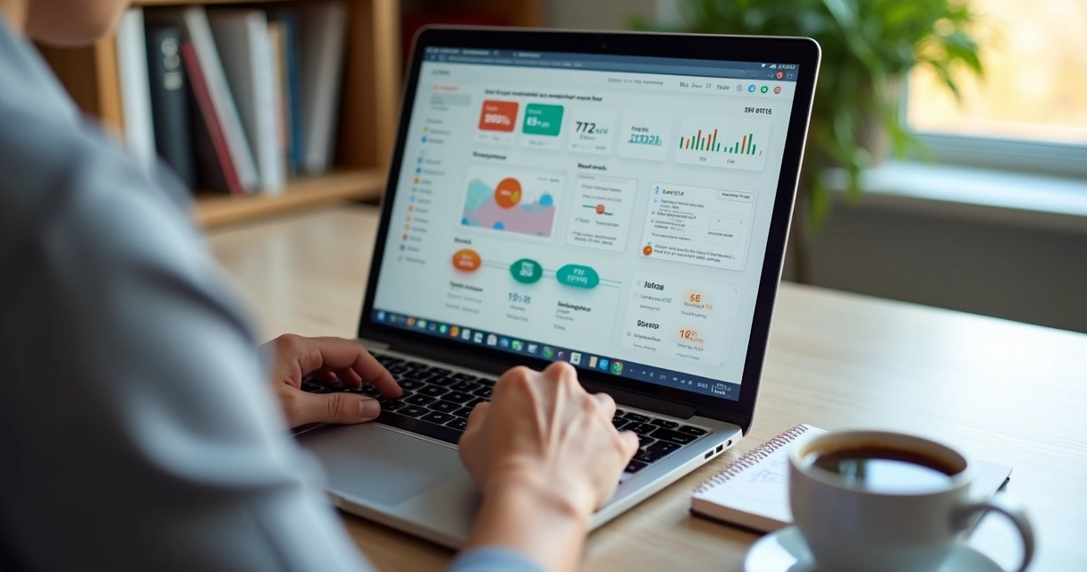 Pessoa estudando curso online de certificação OKR em laptop, com gráficos e anotações relacionadas a OKRs na tela 