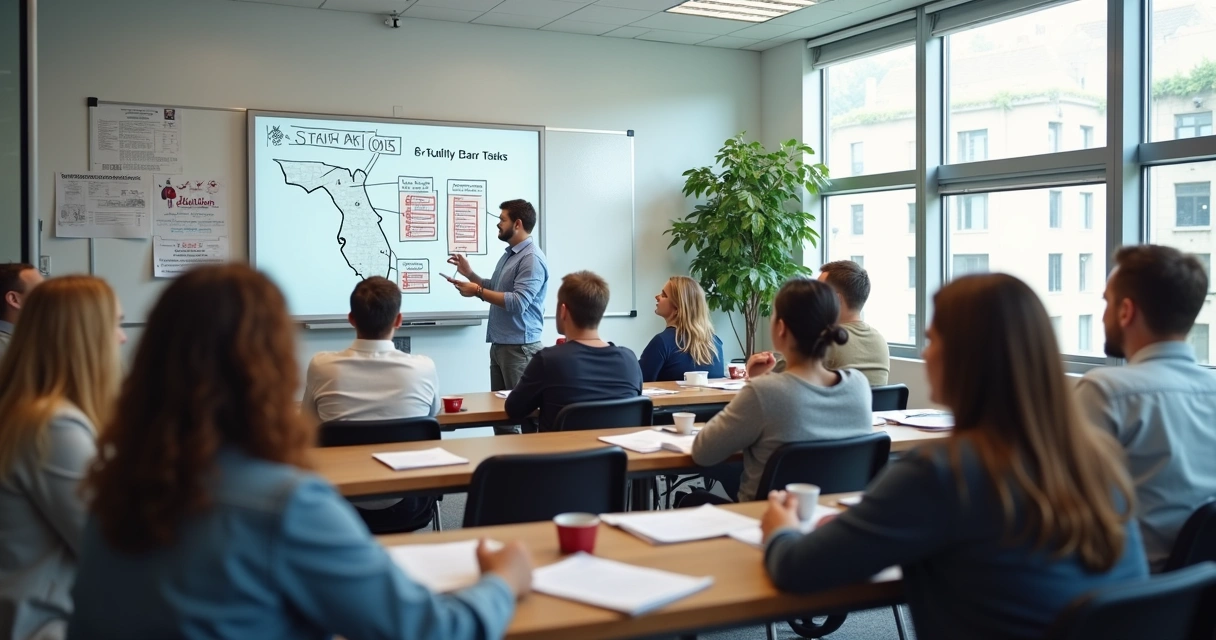 Pessoas participando de curso de direção defensiva em sala nos EUA 