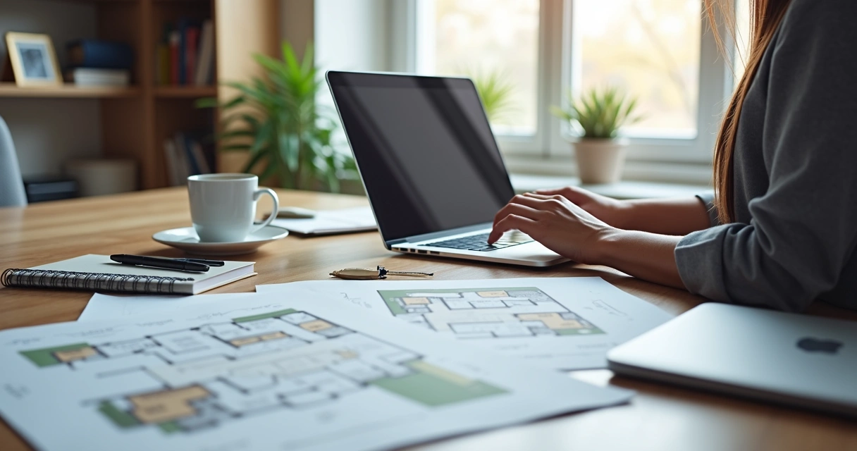 Pessoa estudando online para curso de corretor de imóveis em notebook, com cadernos e plantas de imóvel na mesa 