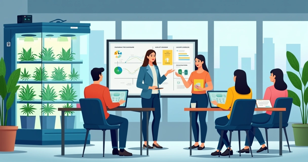 Ilustração de alunos aprendendo cultivo de cannabis em sala com cultivo indoor e gráficos 