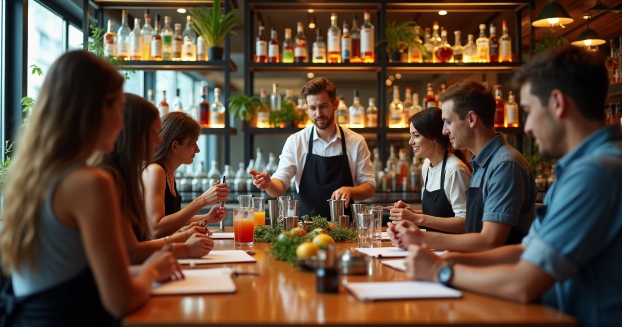 Aula prática de mixologia com instrutor ensinando grupo de alunos em bar preparado com bancada e ingredientes diversos 