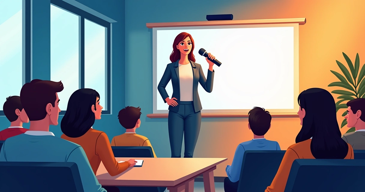 Aula de oratória com instrutor entusiasta, alunos atentos, apresentação inspiradora e ambiente bem iluminado.