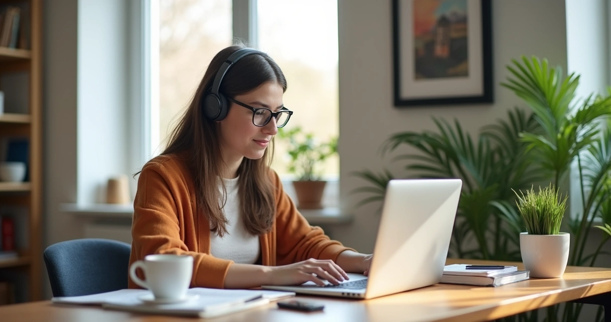 Estudante em casa usando notebook para realizar curso EAD, ambiente iluminado e organizado 