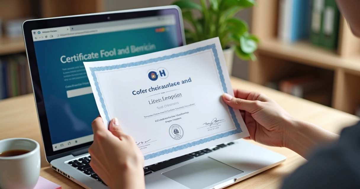 Pessoa exibindo certificado digital próximo ao computador 