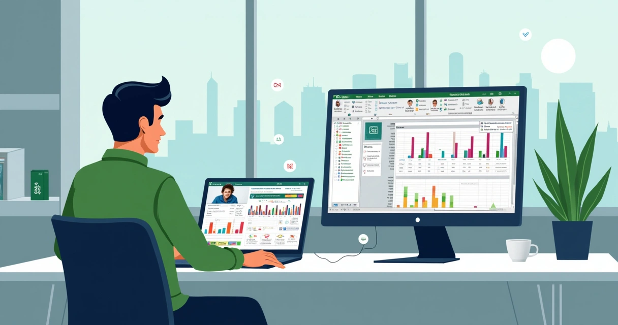 Profissional acompanhando curso de Excel avançado ao vivo com professor em tela dividida 