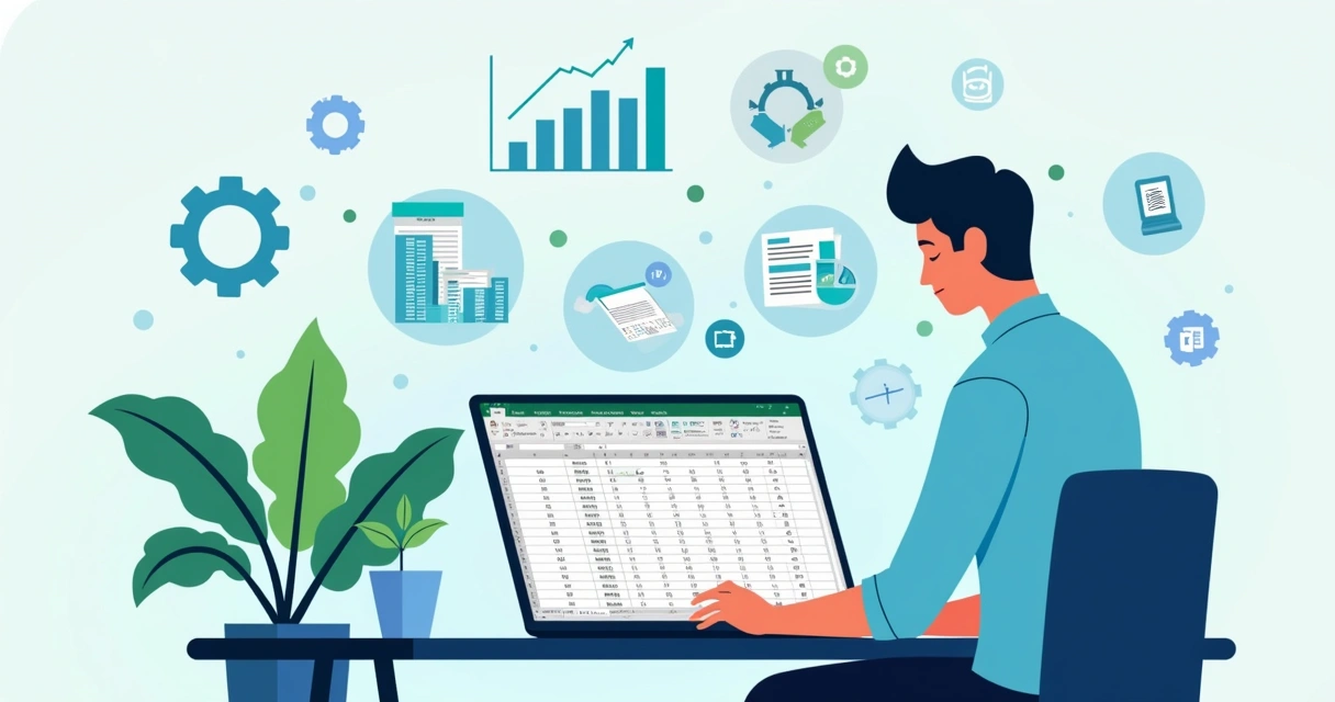 Ilustração corporativa de profissional usando laptop com planilha de Excel e gráficos dinâmicos ao fundo 