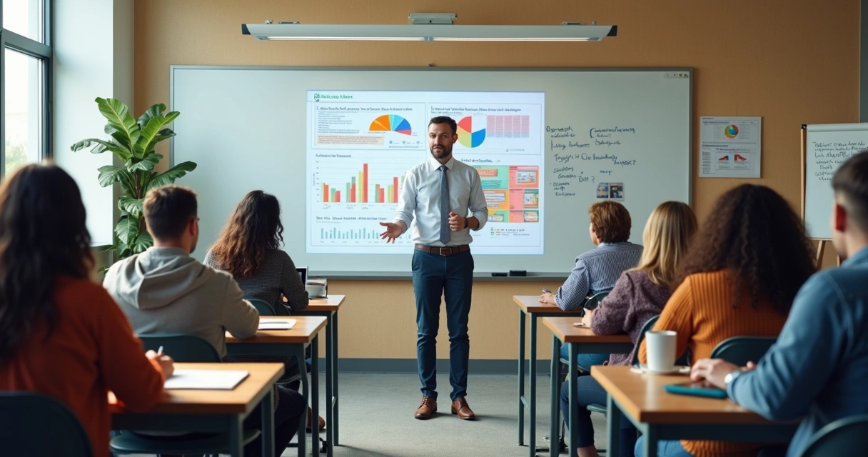 Grupo de alunos assistindo aula de finanças em sala de aula 