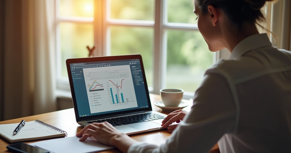 Pessoa assistindo aula online de finanças pessoais em laptop com anotações e café ao lado 
