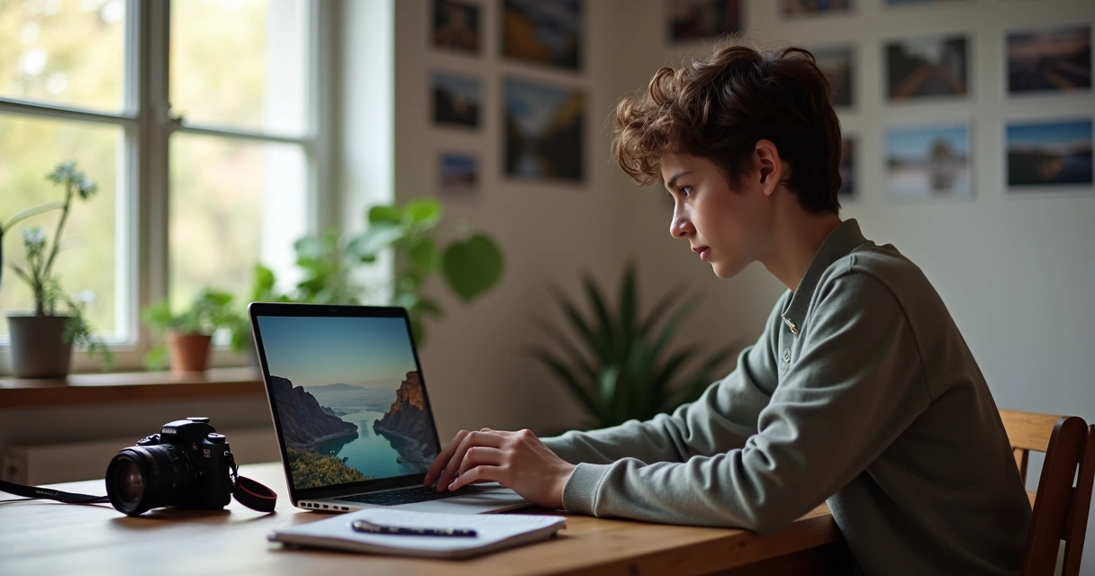 Person studying digital photography through video lessons