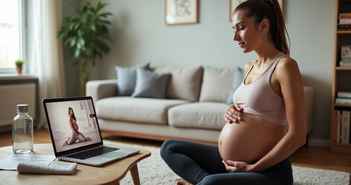 Gestante assistindo aula de exercícios para gestantes em notebook sobre mesa 