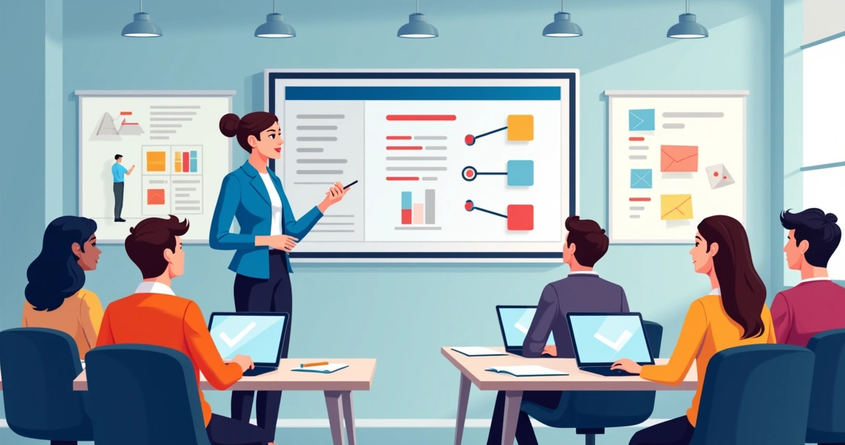Professor explicando MS Project para alunos em sala moderna