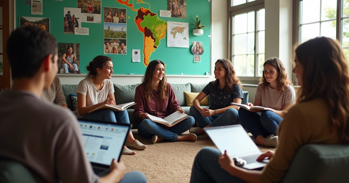 Grupo de estudantes em círculo debatendo sustentabilidade e cultura latino-americana