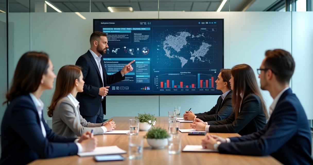 Grupo de advogados em sala moderna assistindo treinamento sobre IA jurídica 