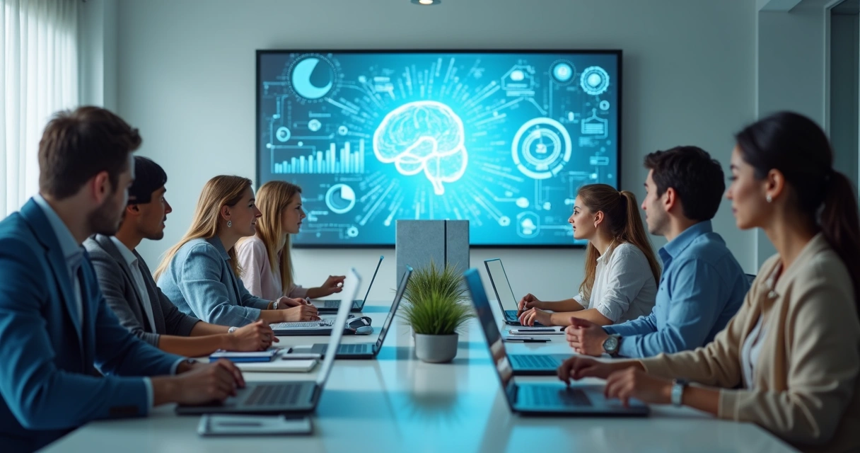 Pessoas estudando IA com computador e gráficos na tela 