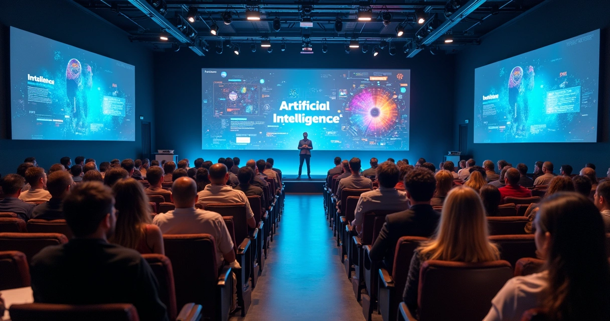 Auditório moderno com pessoas assistindo palestra sobre inteligência artificial