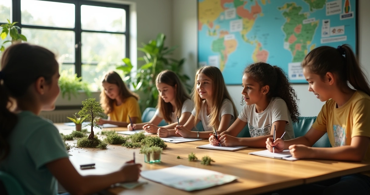 Jovens participando de curso de sustentabilidade em sala moderna