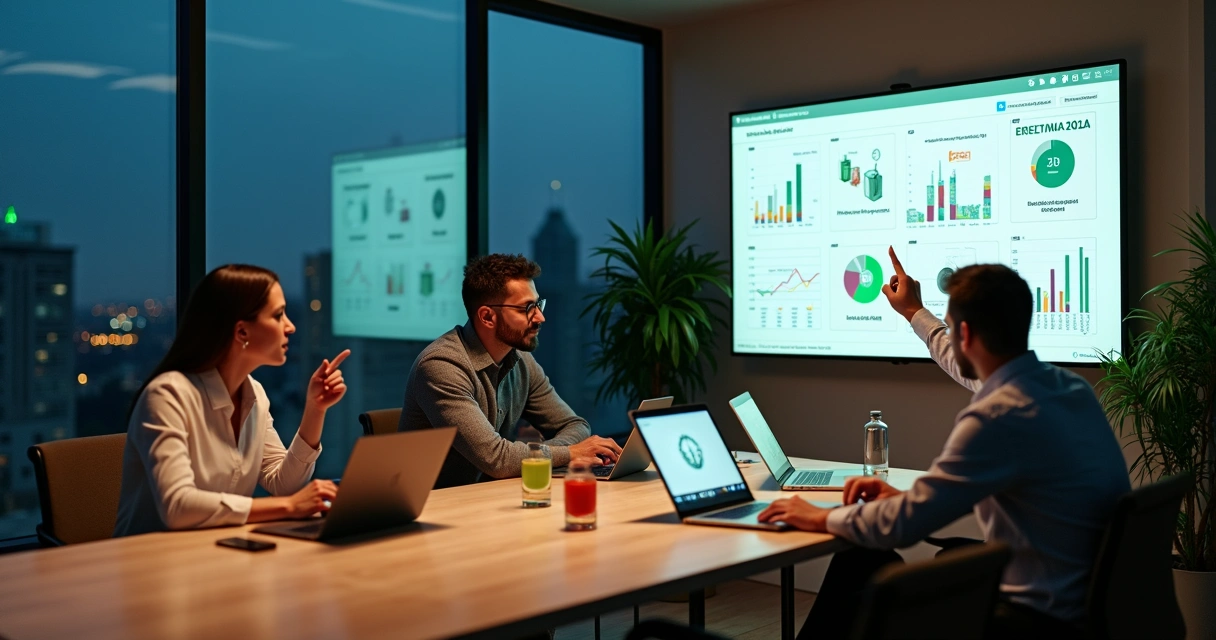 Profissionais assistindo curso online sobre a Lei de Incentivo à Reciclagem em escritório moderno e sustentável 