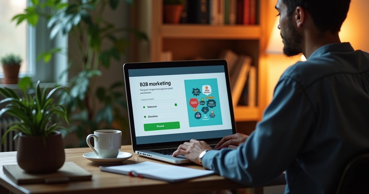 Aluno assistindo aula online de marketing digital B2B no notebook