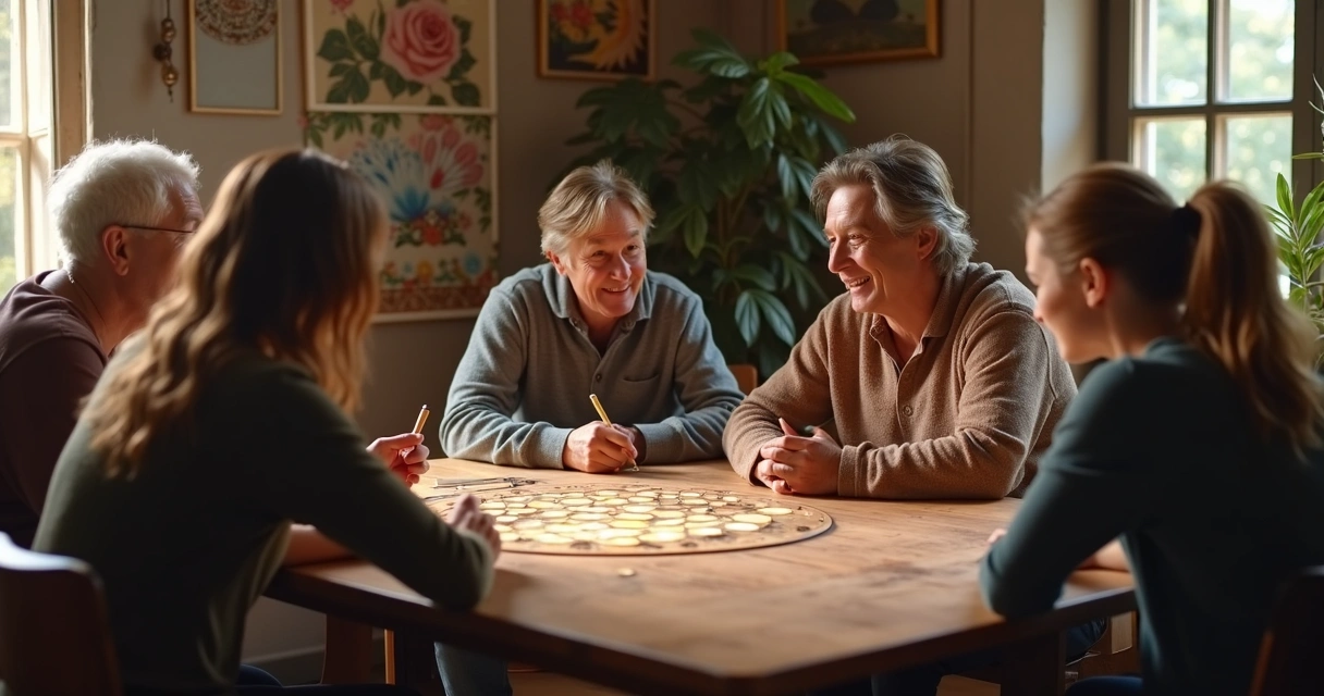 Grupo aprendendo mesa radiônica em ambiente acolhedor 