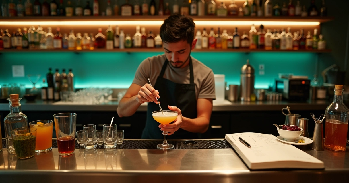 Mesa de bar montada como laboratório de mixologia com insumos e bartender criando drink autoral 