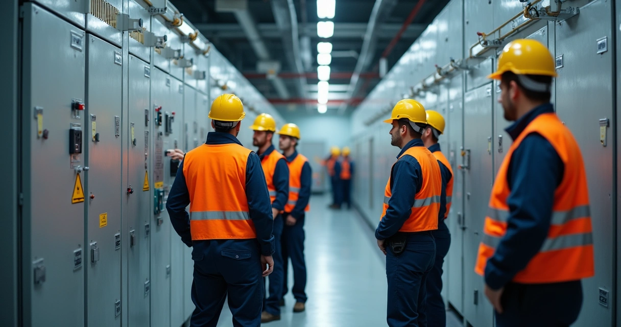 Treinamento prático de eletricista em indústria com capacetes e painéis elétricos 